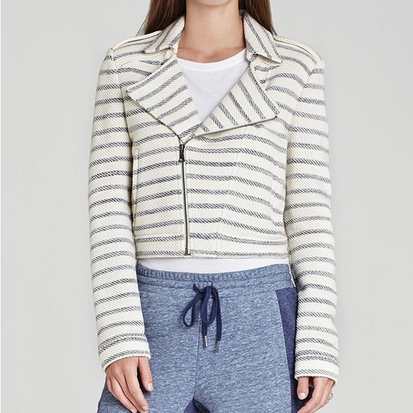 BCBGMAXAZRIA Levi Striped Asymmetrical Zip Cropped Moto Jacket - Picture 6 of 6